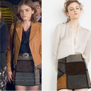 ZARA Patchwork Suede Leather Mini Skirt Retro 70s 90s Western Neutral Womens XS